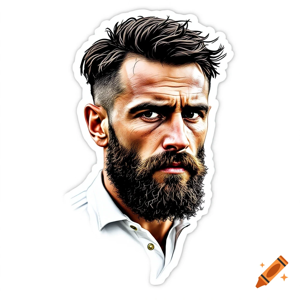 Stylized sticker portrait of a man with a beard and short hair wearing a white shirt.