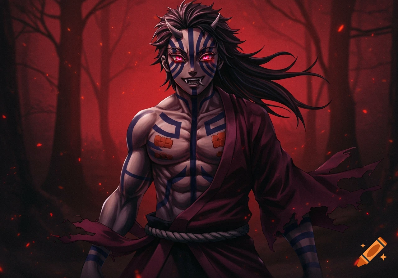 A muscular male demon with horns, red eyes, long black hair, and blue markings on his body, wearing a torn red robe, stands in a dark red forest.