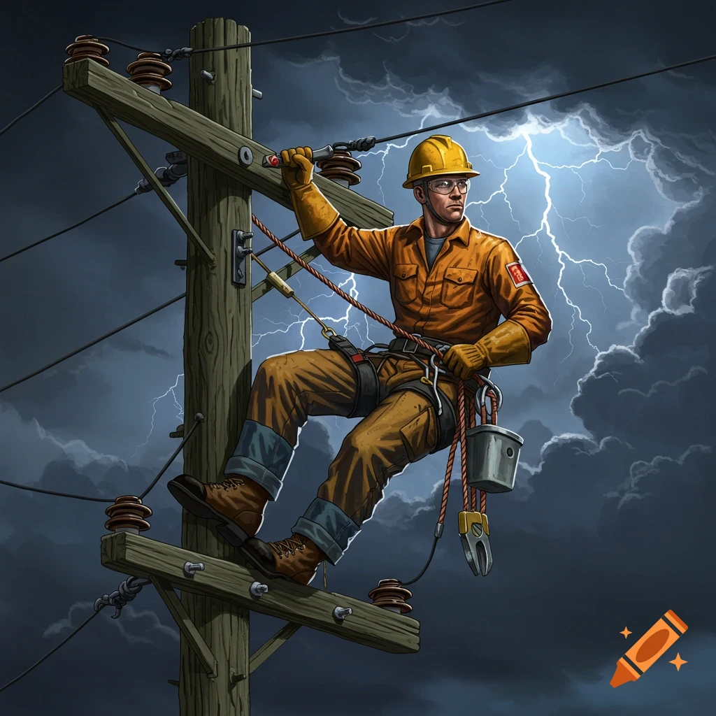 A lineman in safety gear climbs a utility pole during a lightning storm.