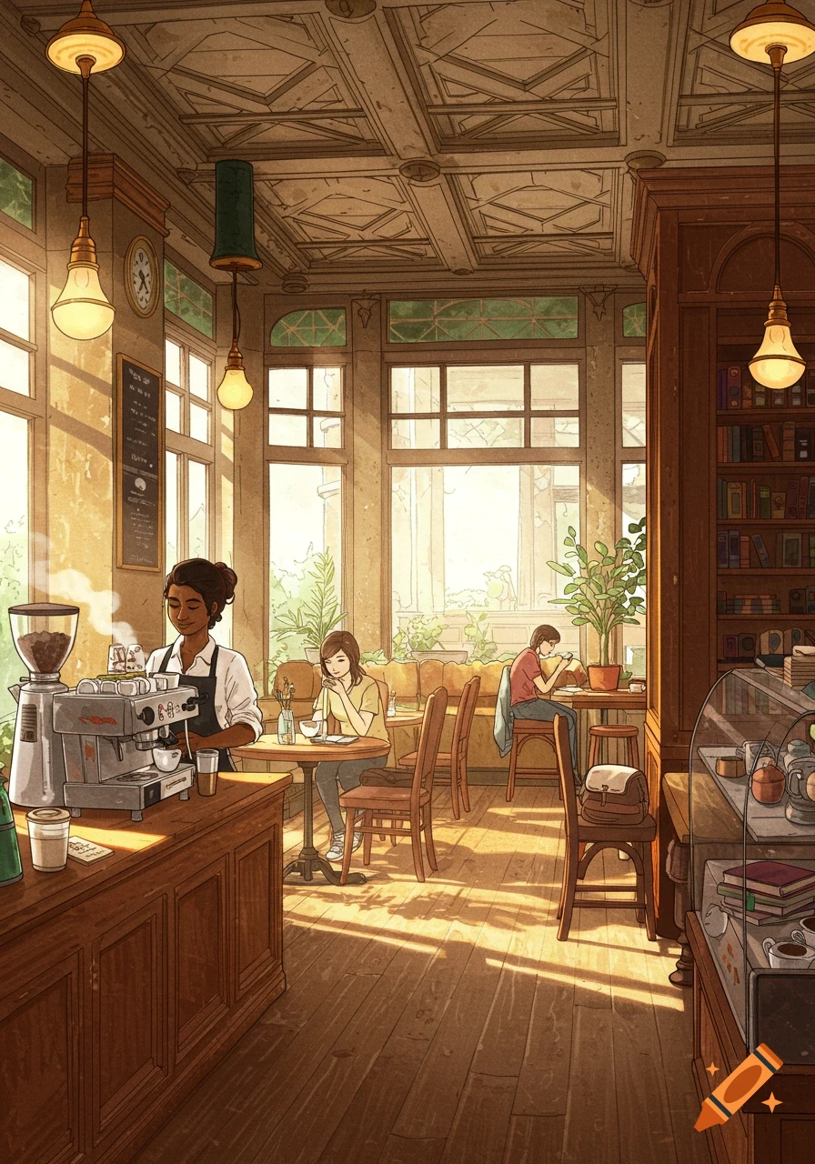Illustrated scene of a cozy coffee shop interior with a barista and customers.