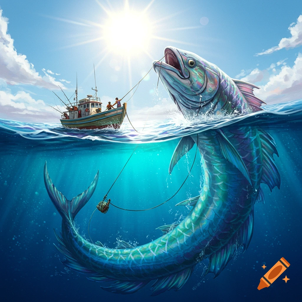 A huge fish leaps out of the ocean next to a fishing boat.