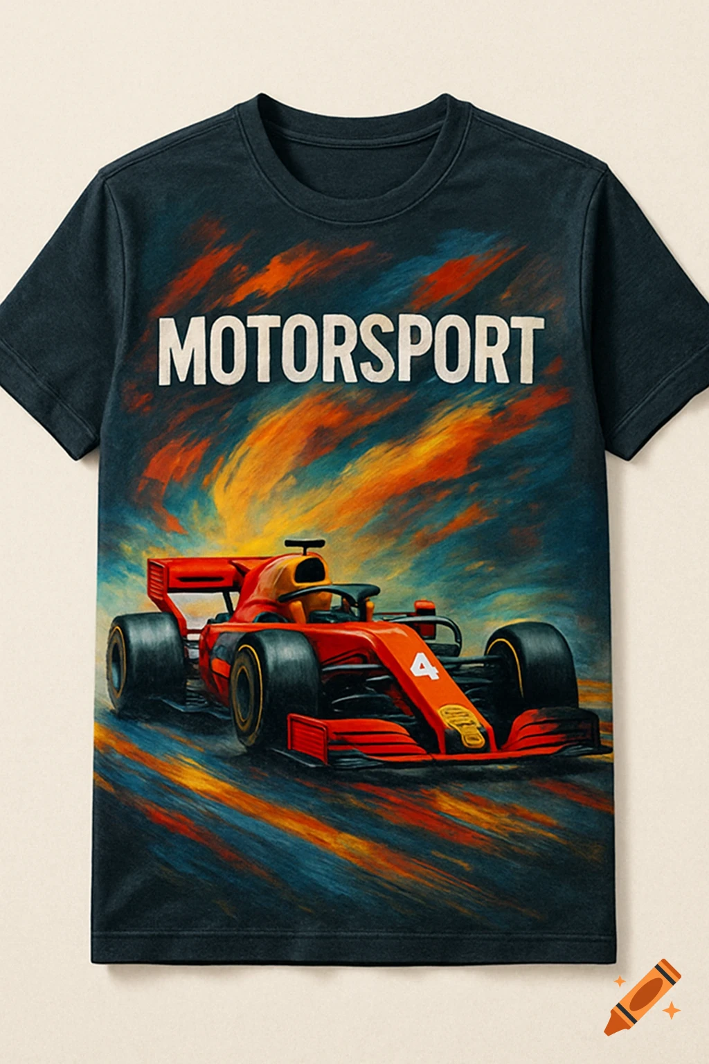 A t-shirt featuring a red Formula 1 race car and the text 'MOTORSPORT' in a dynamic, painterly style.