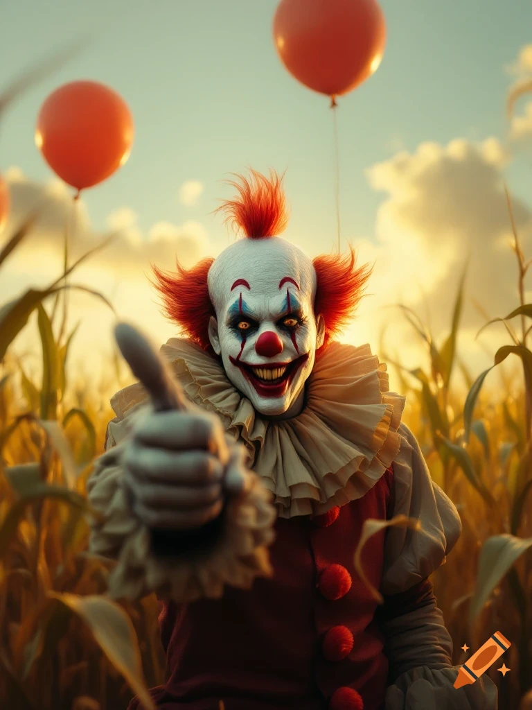 A creepy clown with red hair and makeup stands in a cornfield with red balloons floating above.