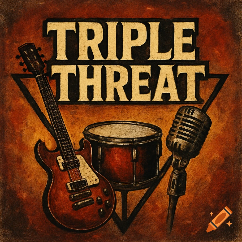 Triple Threat band logo with guitar, drum, and microphone in textured style.