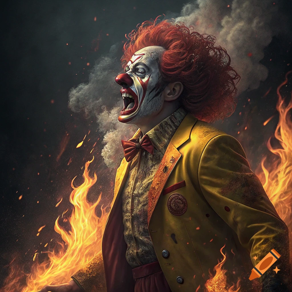 Dramatic portrait of an angry clown in a yellow suit with red curly hair, screaming amidst intense flames and smoke.