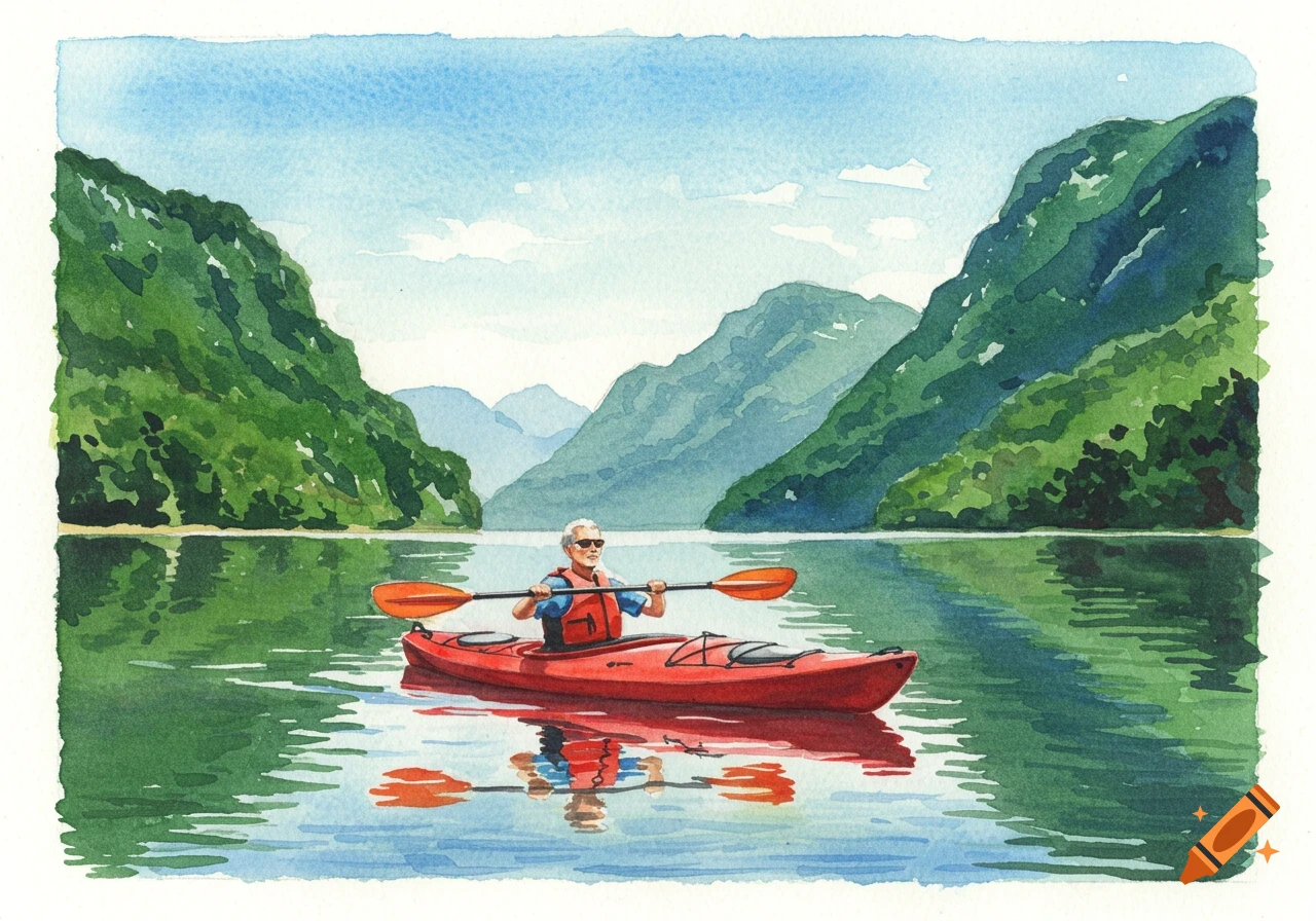 A person kayaks on a lake surrounded by green mountains, in a watercolor style.