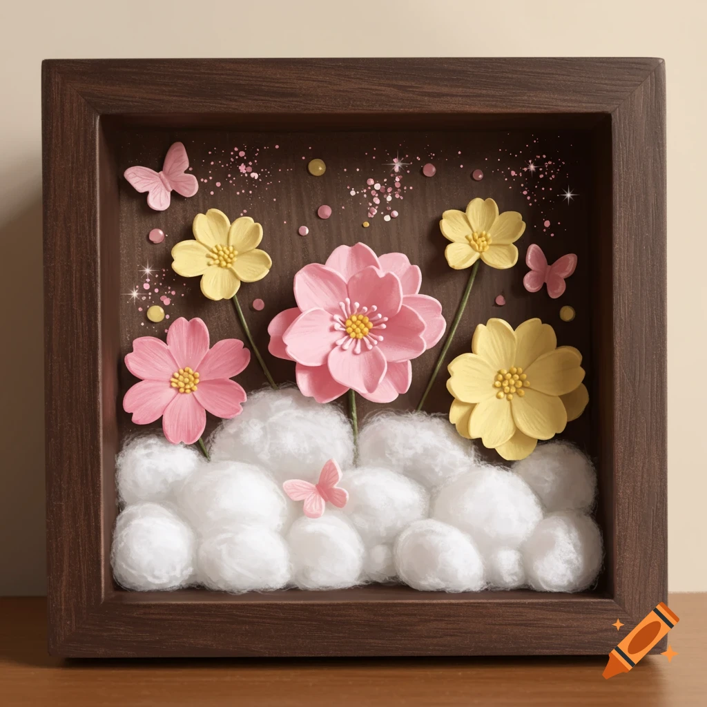 A shadow box craft featuring pink and yellow flowers, butterflies, and cotton cloud shapes.