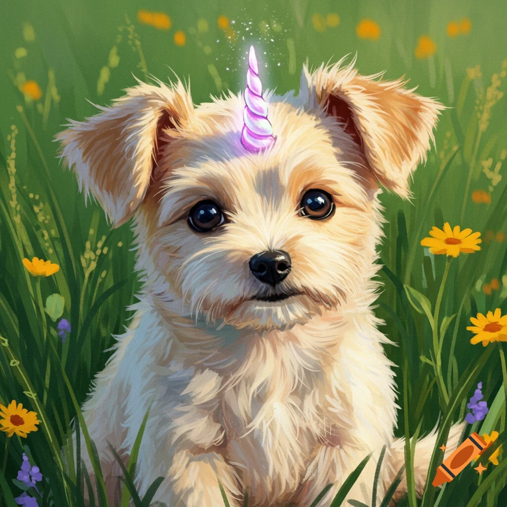 Close-up portrait of a cute puppy with a pink and purple unicorn horn sitting in a field of green grass and yellow flowers.