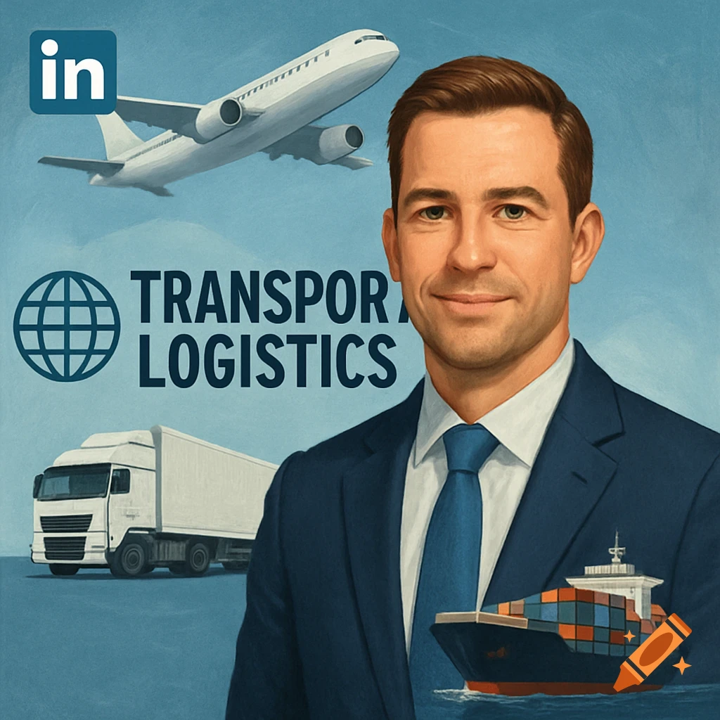 Man in suit with air, road, and sea transport in background and 'TRANSPORT LOGISTICS' text with LinkedIn logo.