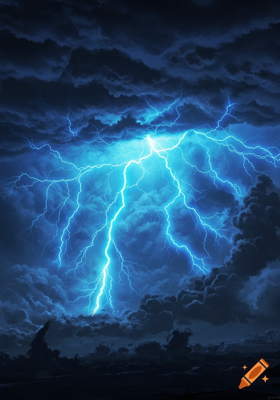 Bright blue lightning strikes through dark stormy clouds over a landscape in a digital painting style.