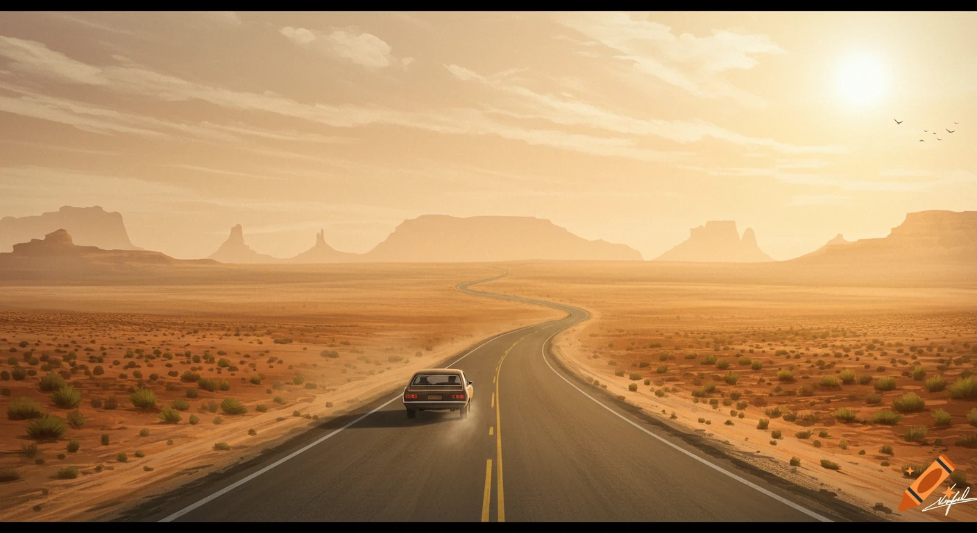 A car drives on a winding road through a vast desert landscape under a warm, hazy sky.