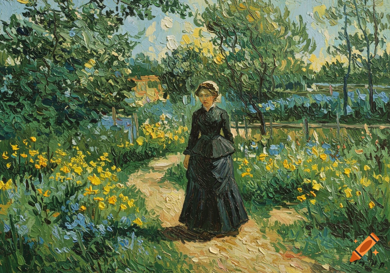 Painting of a woman walking on a path in a garden, in Van Gogh's style.