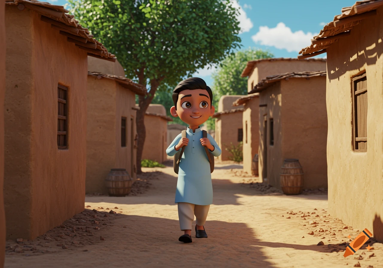 A 3D animated boy with a backpack walks through a village of mud houses.