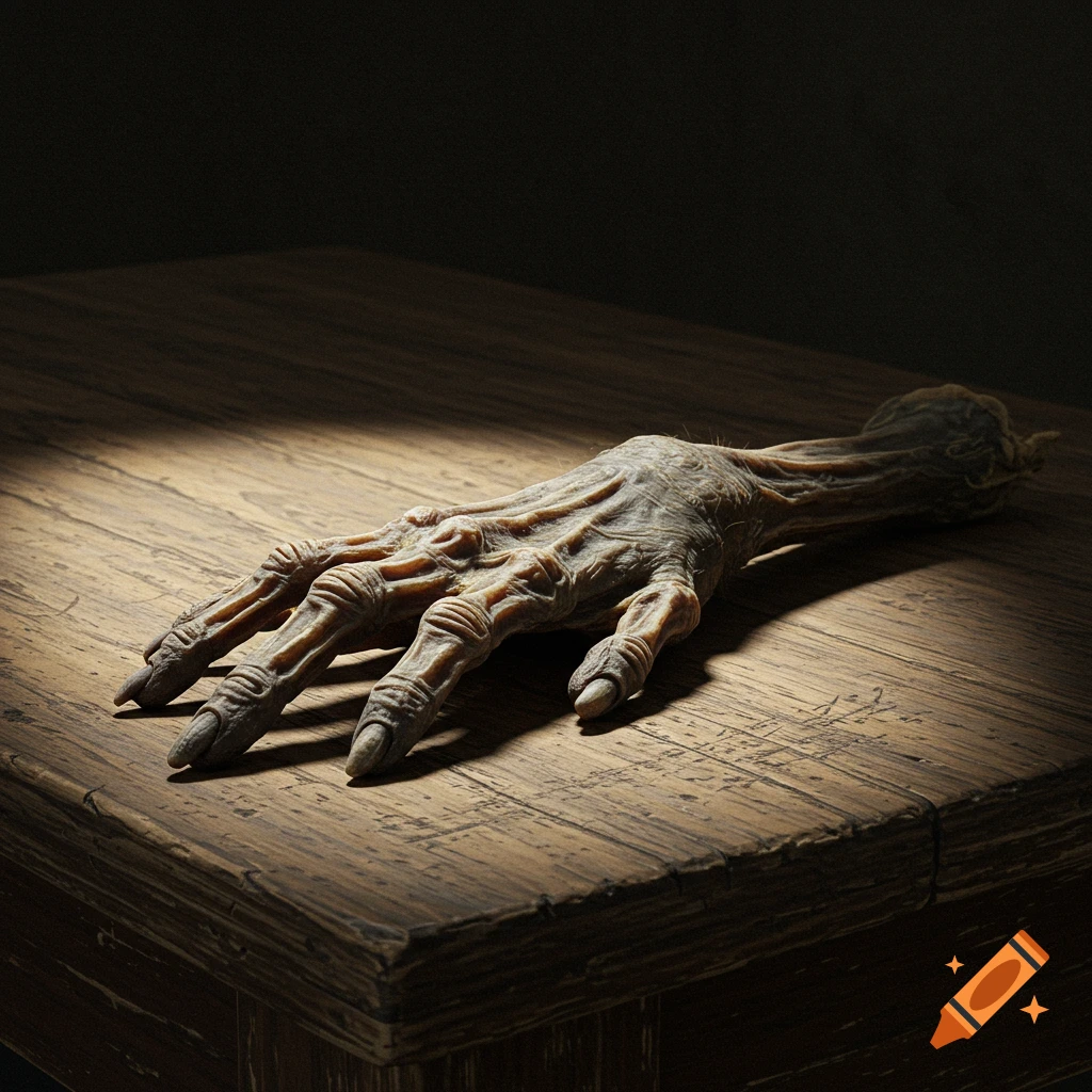 A shrivelled hand resembling a monkey's paw lies on a dark wooden table, lit dramatically.