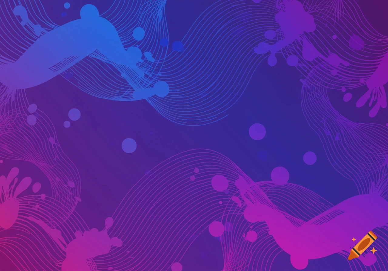 An abstract background with purple and blue gradient, swirling lines, splashes, and circles.