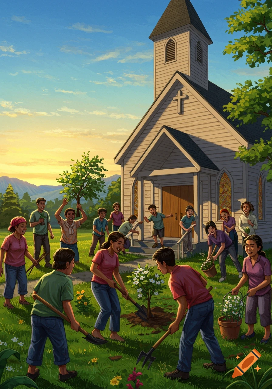 A group of people planting trees and flowers in front of a church.