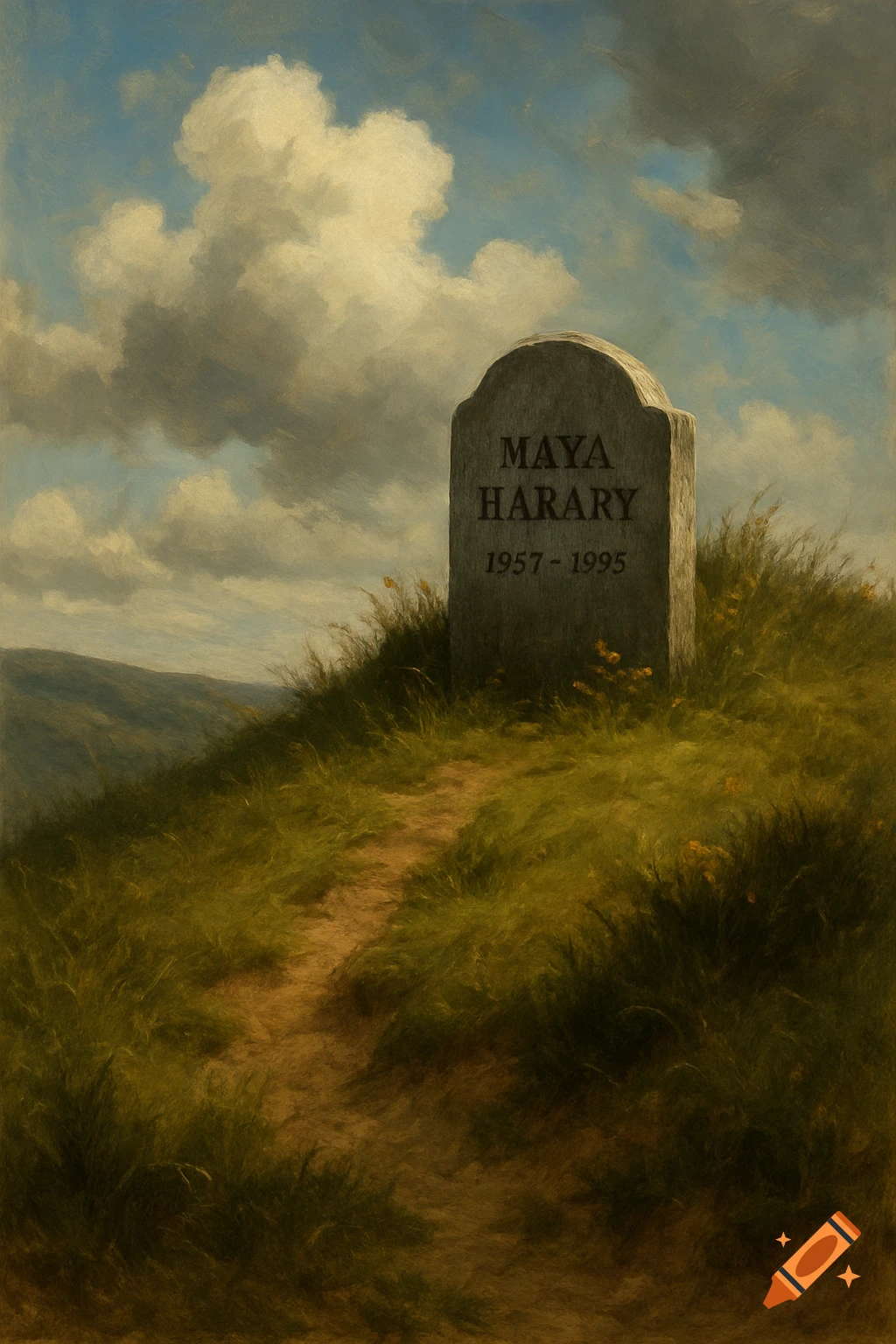 A painted landscape shows a grave on a grassy hill under a cloudy sky.