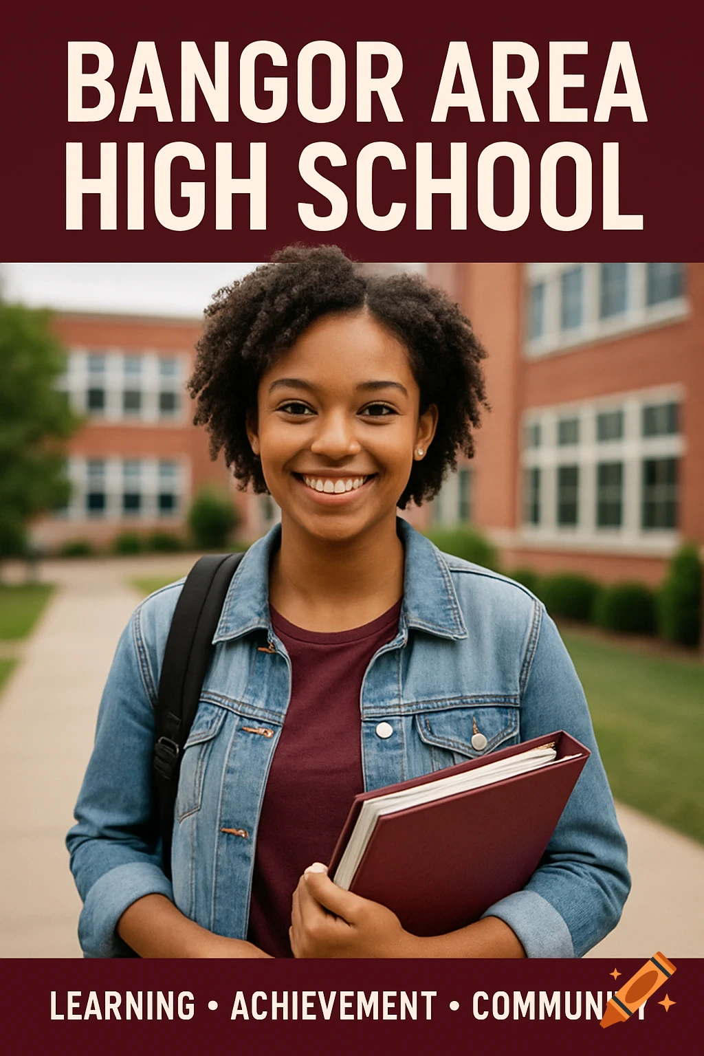Smiling student with backpack and book stands in front of Bangor Area High School. Text: Bangor Area High School, Learning Achievement Community.