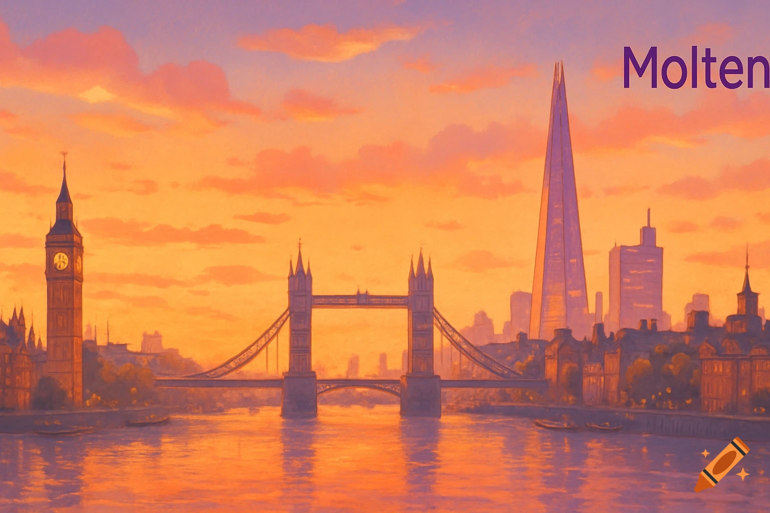 Painterly London skyline at sunset with landmarks reflected in river.