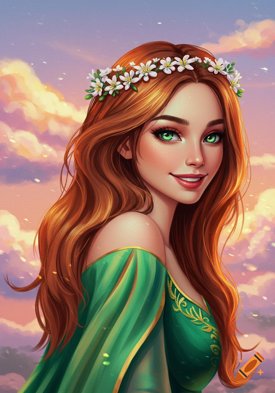 Portrait of a woman with long red hair and green eyes wearing a floral ...