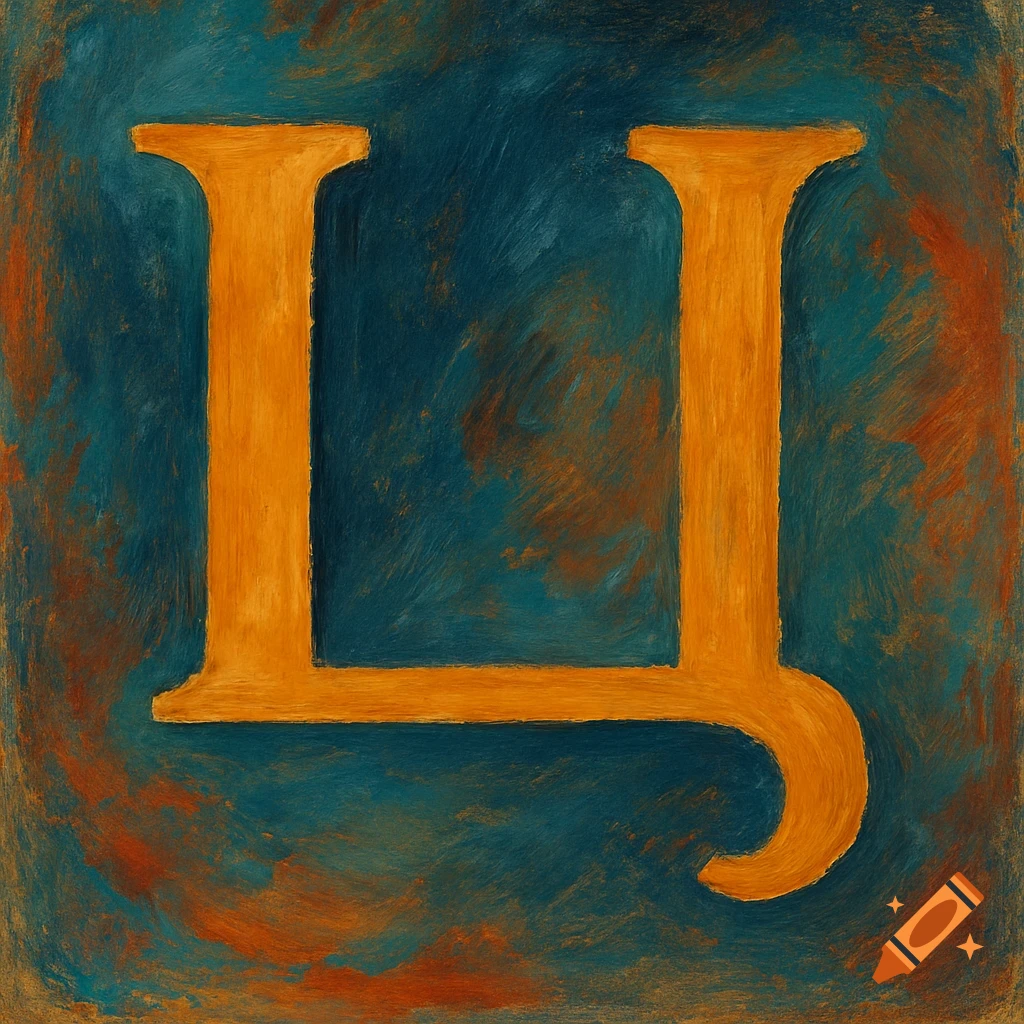 An orange Cyrillic letter Ц painted on a textured blue and orange background.