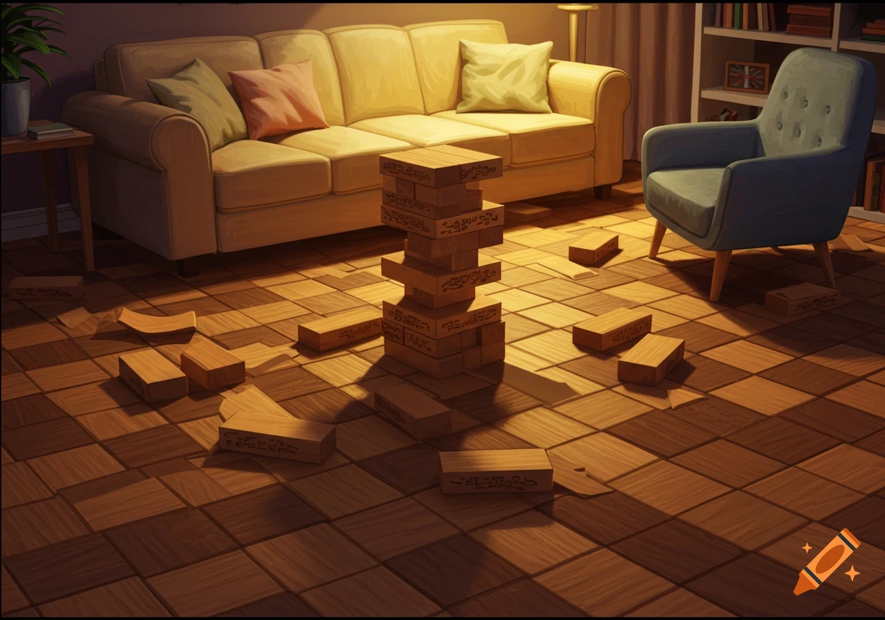 A tall Jenga tower and fallen blocks on a tiled living room floor with furniture in the background.