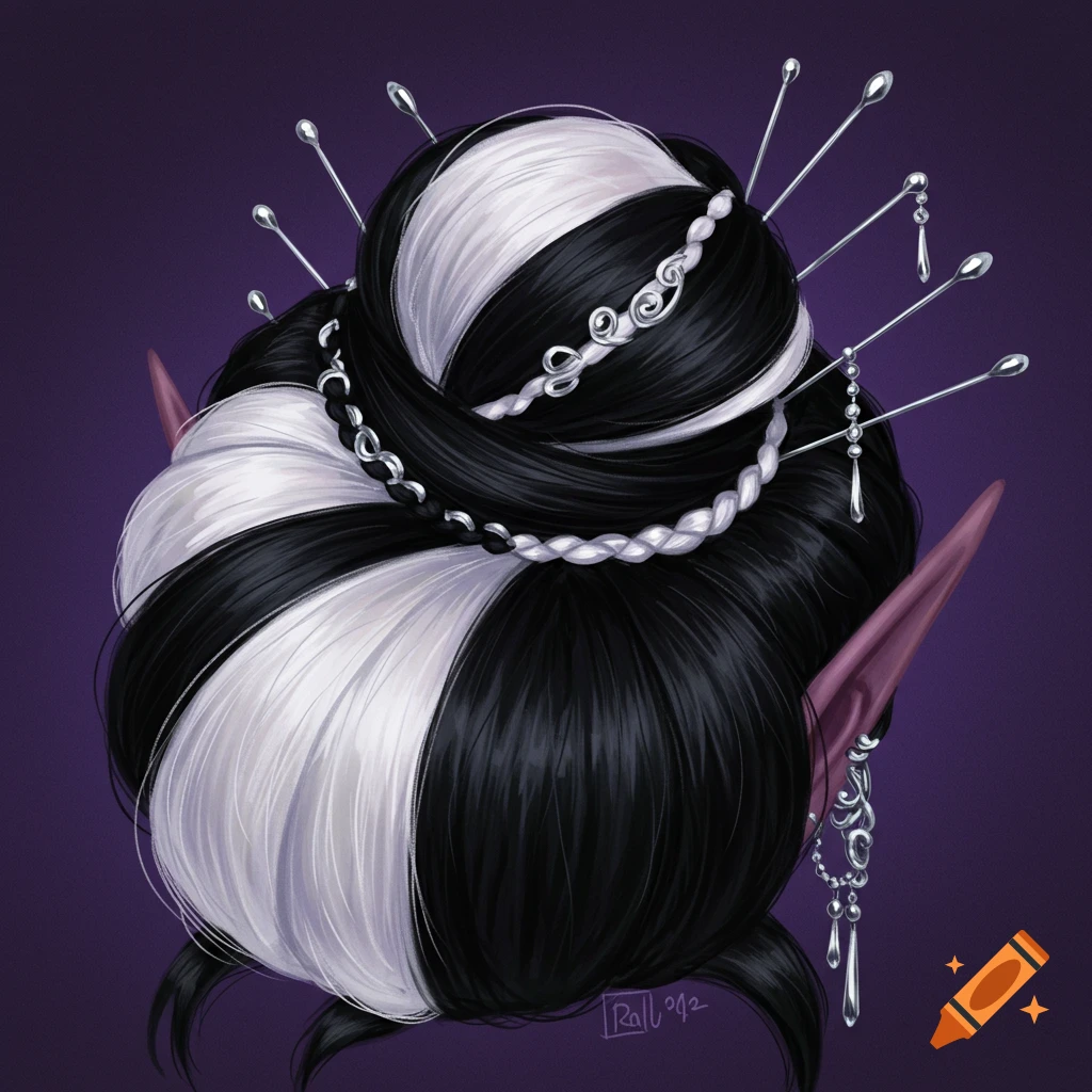 Fantasy art of black and white striped hair bun with silver pins, beads, and elf ears.