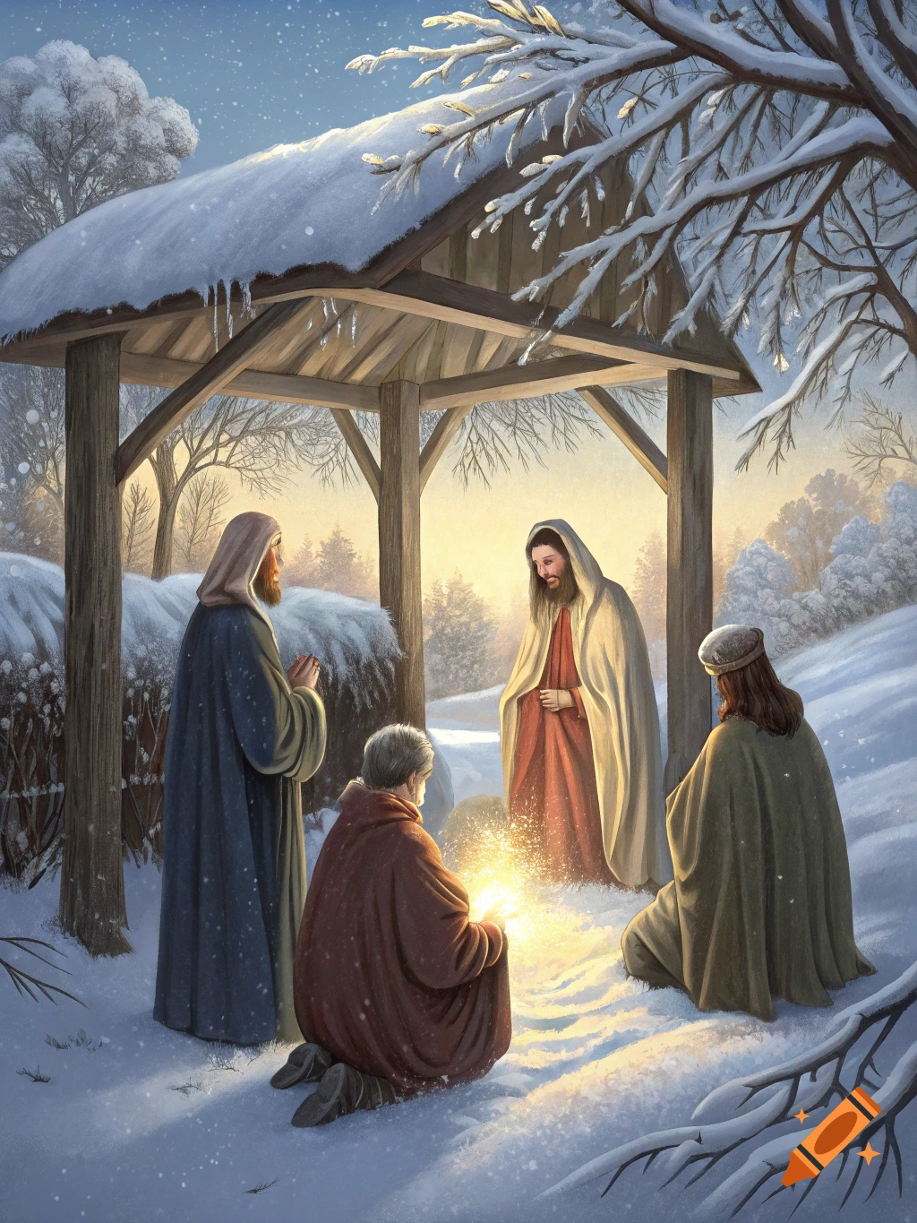 Jesus and disciples in a snowy stable during winter, gathered around a ...