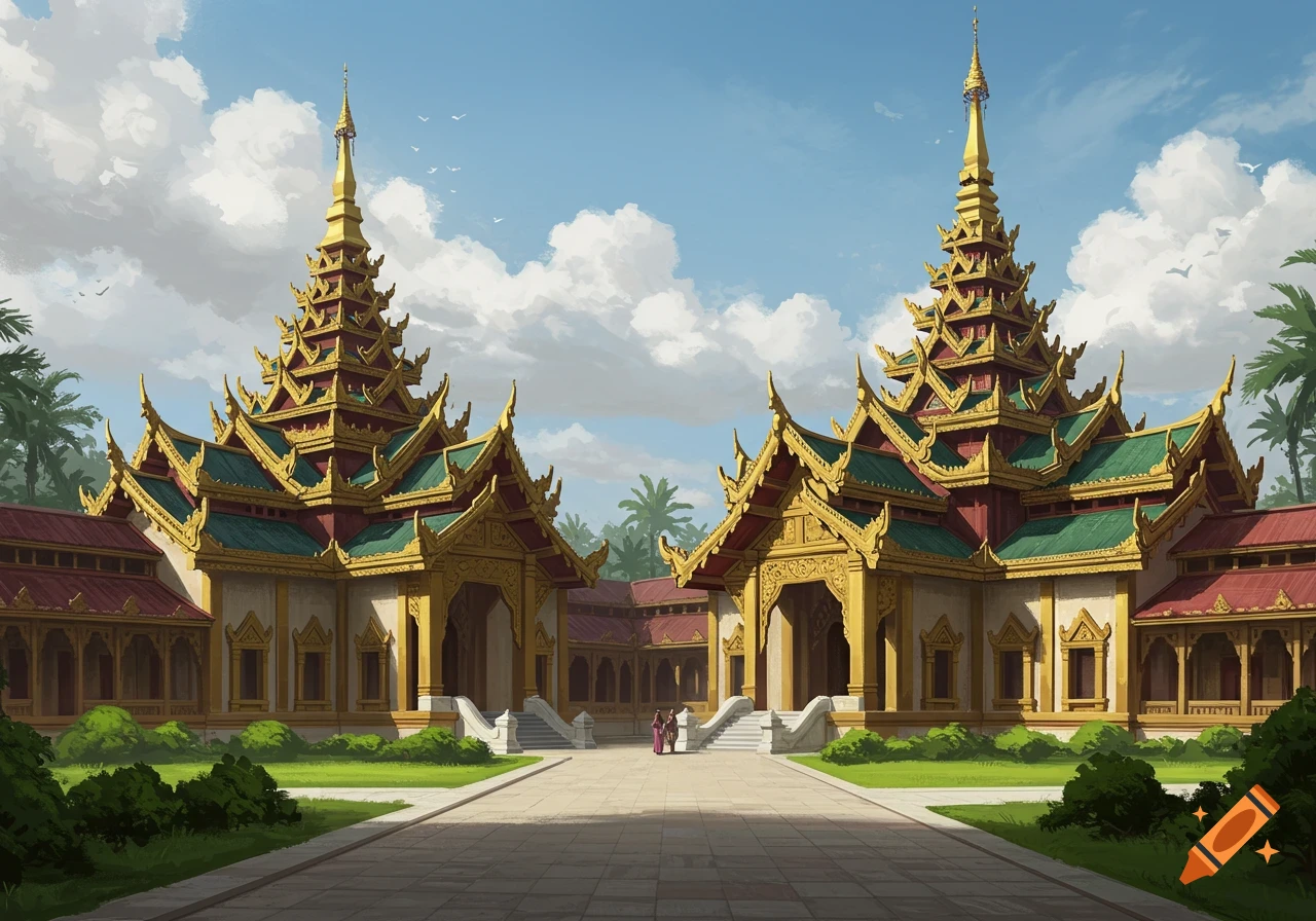 Two ornate Burmese style palaces with golden roofs under a cloudy sky, digital art.