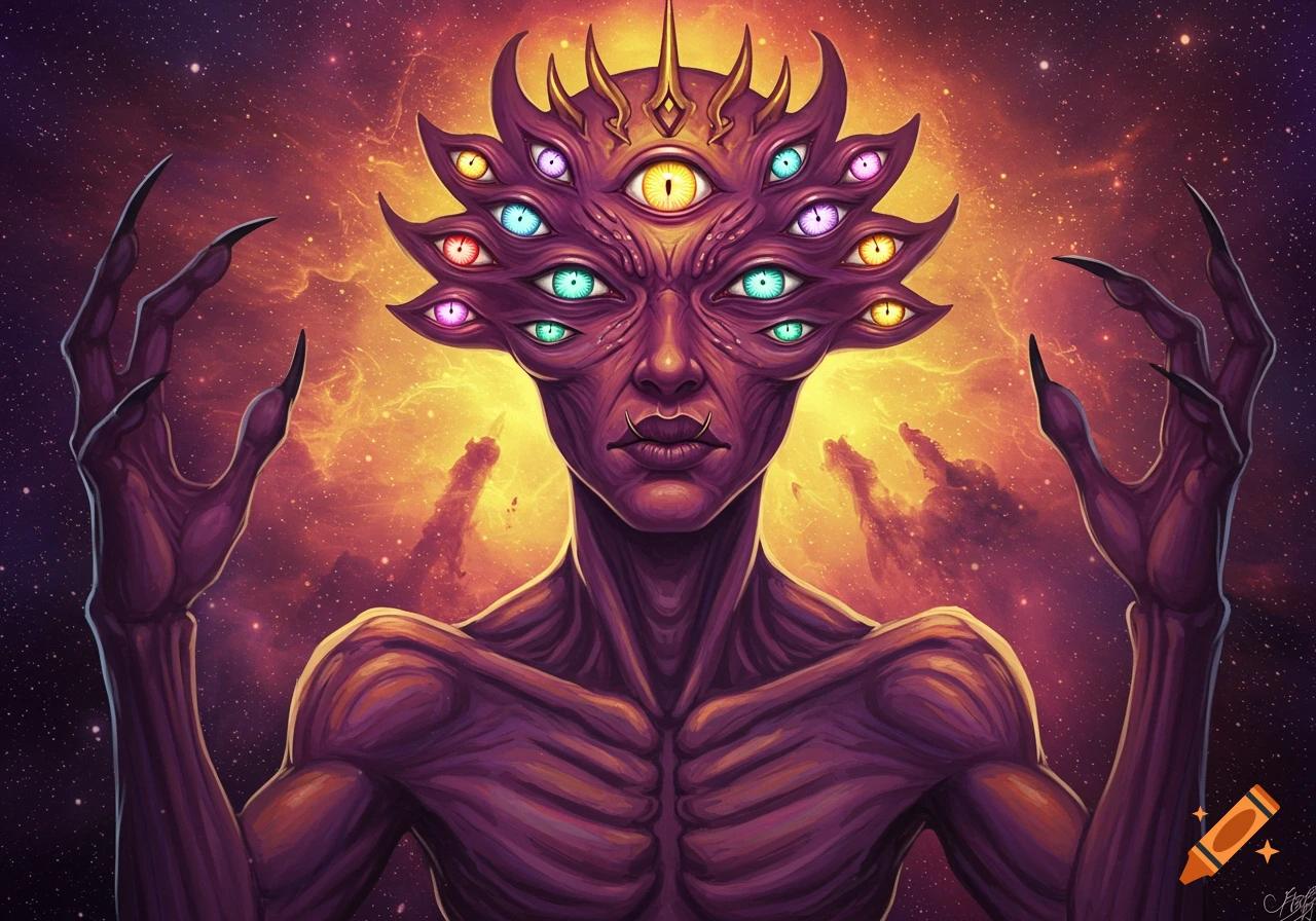 A fantasy alien creature with many eyes and claws stands against a cosmic background.