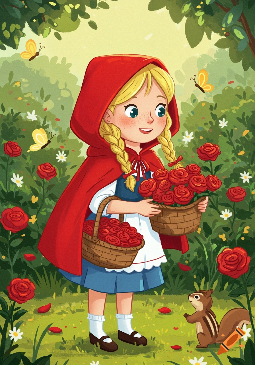 A cartoon illustration of Little Red Riding Hood picking red roses in baskets in a forest with butterflies and a squirrel.