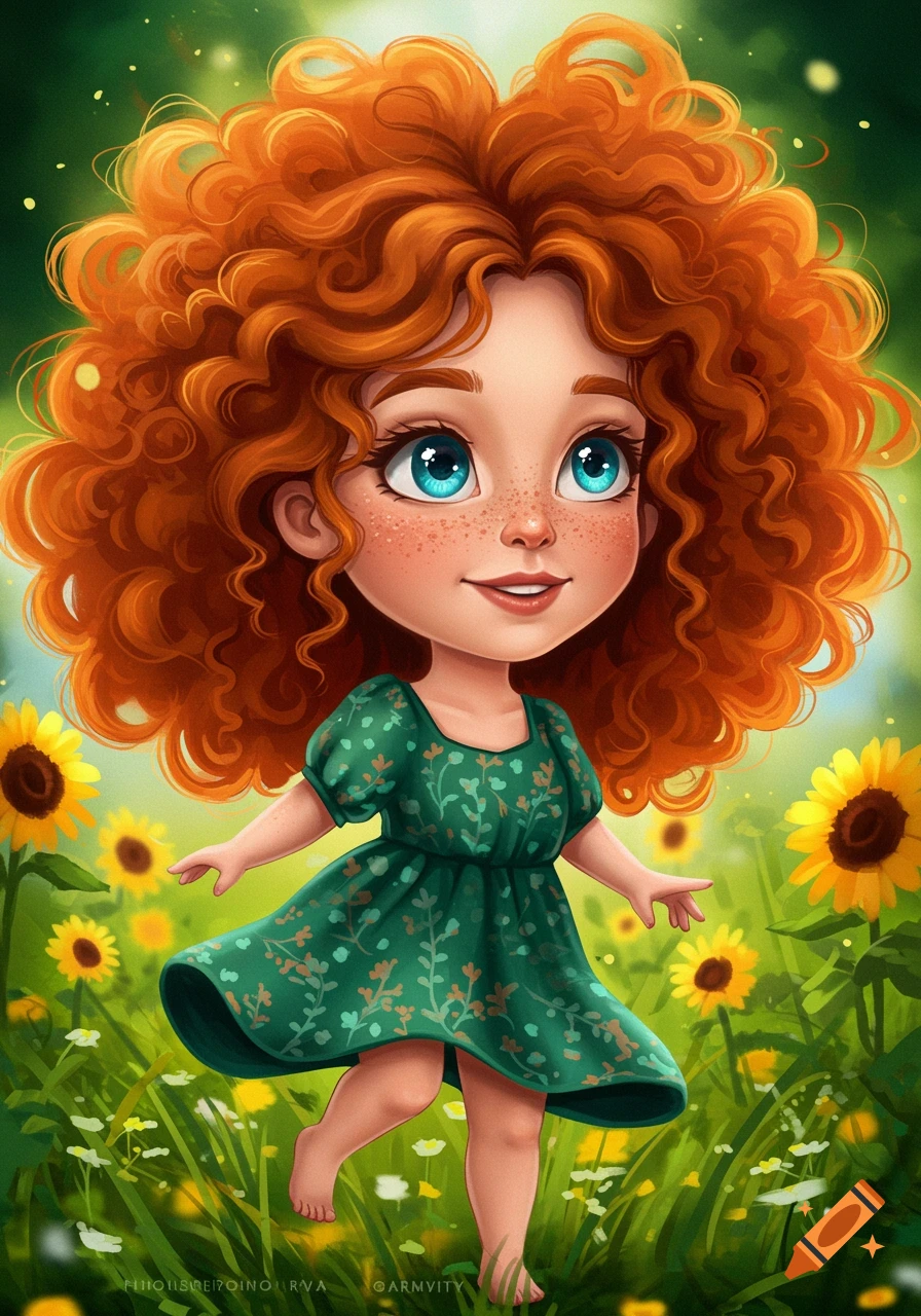 A whimsical illustration of a chibi girl with bright red curly hair and blue eyes in a field of sunflowers.