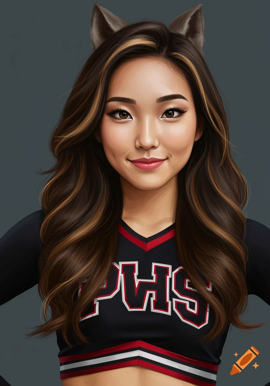 Illustration of an Asian girl with wolf ears wearing a black and red cheerleader uniform and smiling.