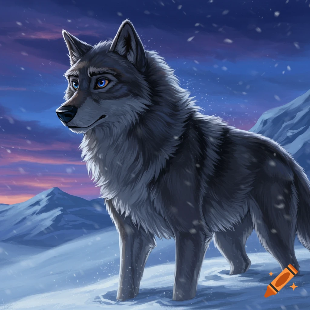 An illustration of a grey wolf with blue eyes standing in a snowy mountain landscape at sunset.