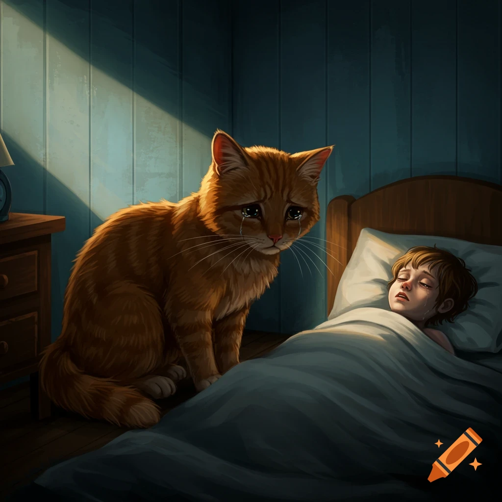 A large orange cat sits sadly next to a sleeping child in a bed.