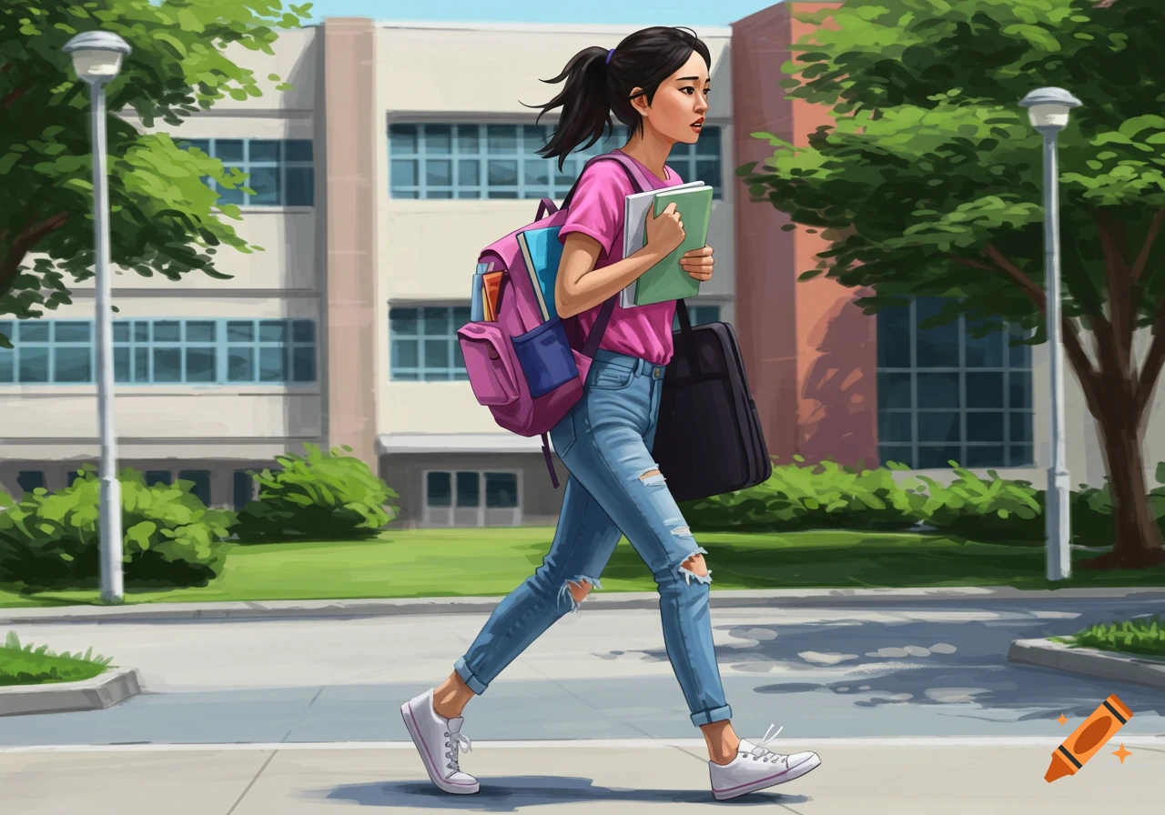 Illustration of a female student walking on a campus path with a backpack and books.