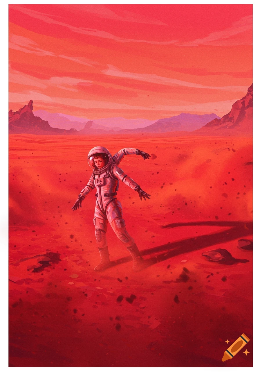 An astronaut stands on the surface of a red, dusty planet.
