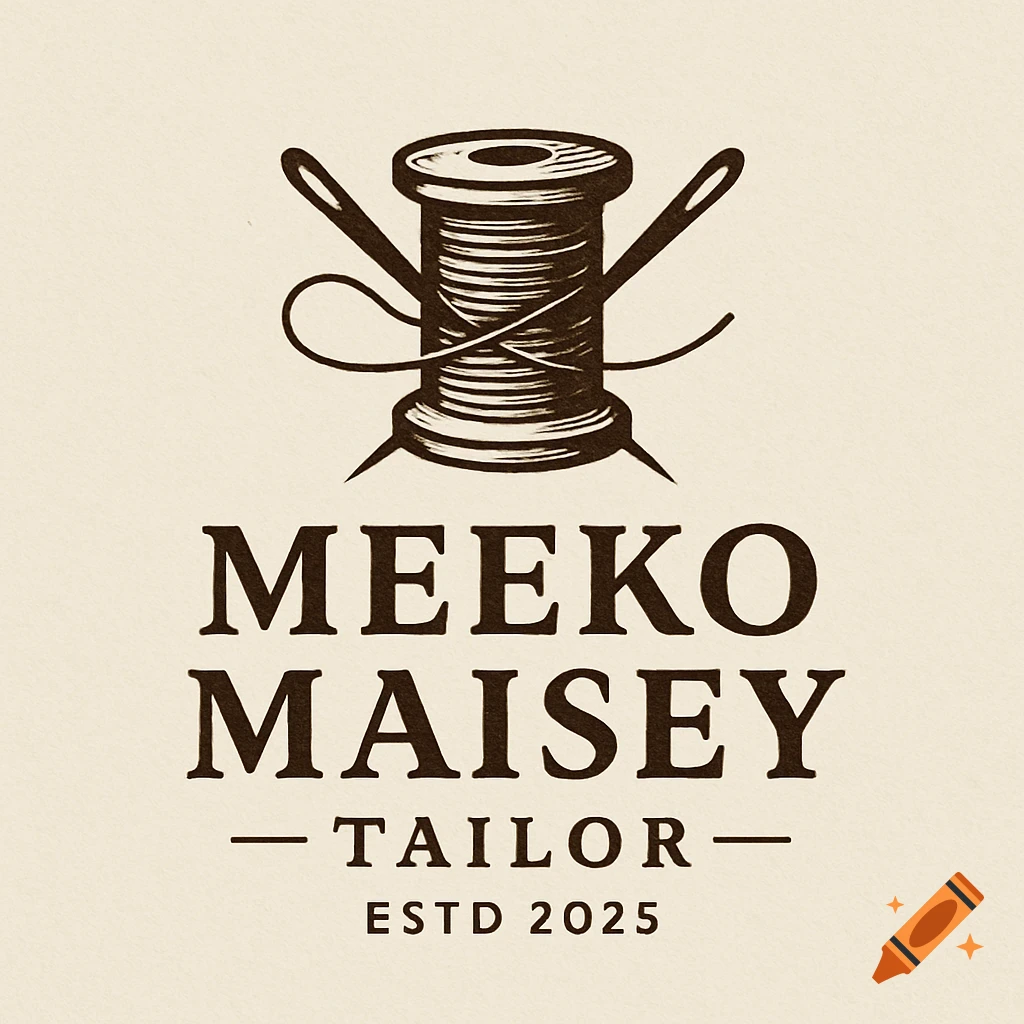 Logo for Meeko Maisey Tailor with spool of thread and needles