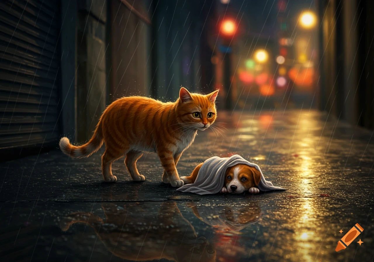 Orange cat standing over a puppy covered by a cloth in a rainy alley at night.