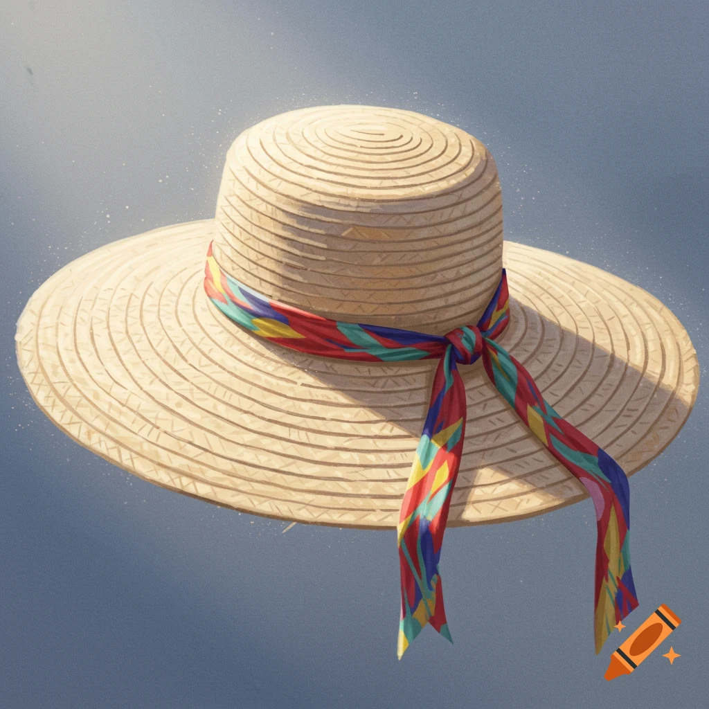 Illustration of a straw hat with a colorful ribbon