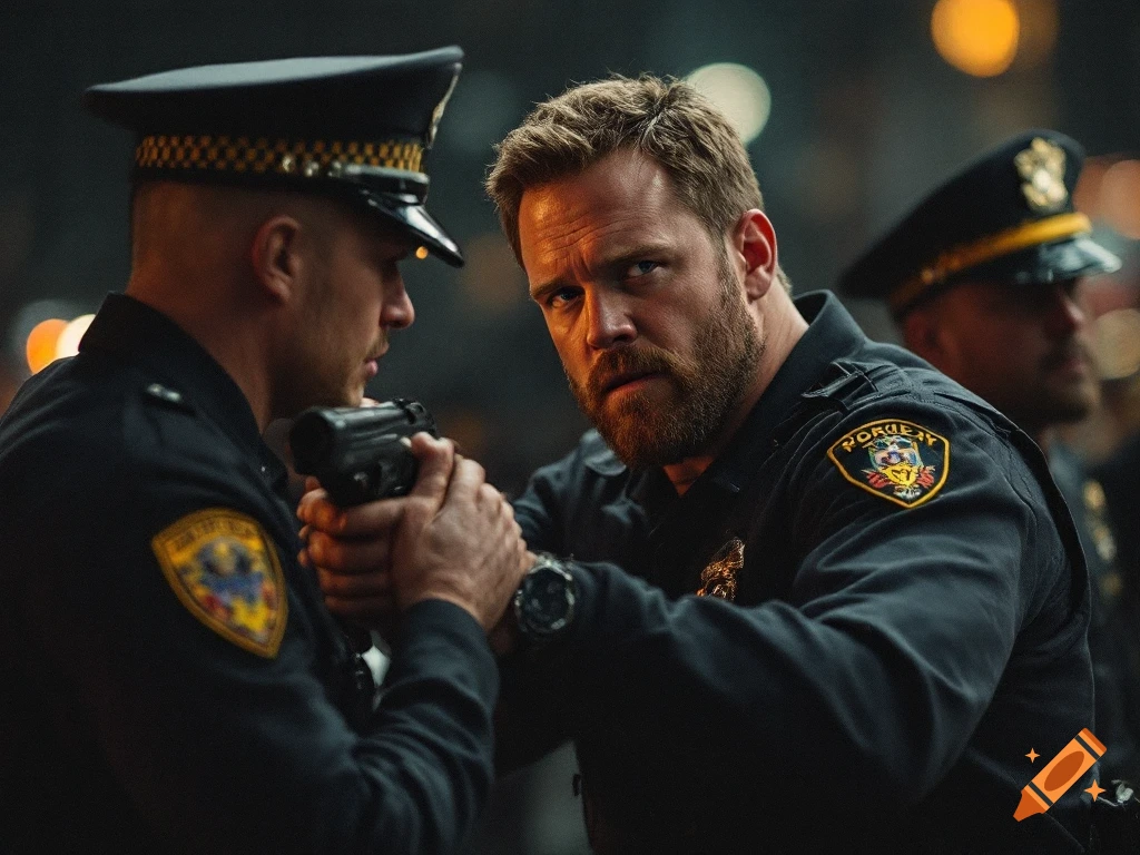 Two police officers in a tense moment, one holding the hands of the other, photorealistic.
