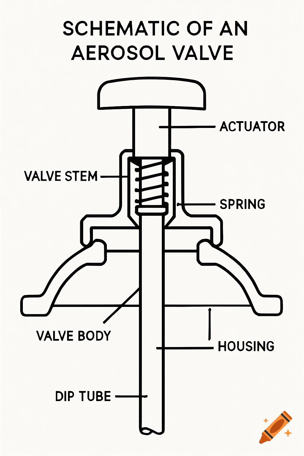 A labeled schematic diagram showing the internal components of an aerosol valve.