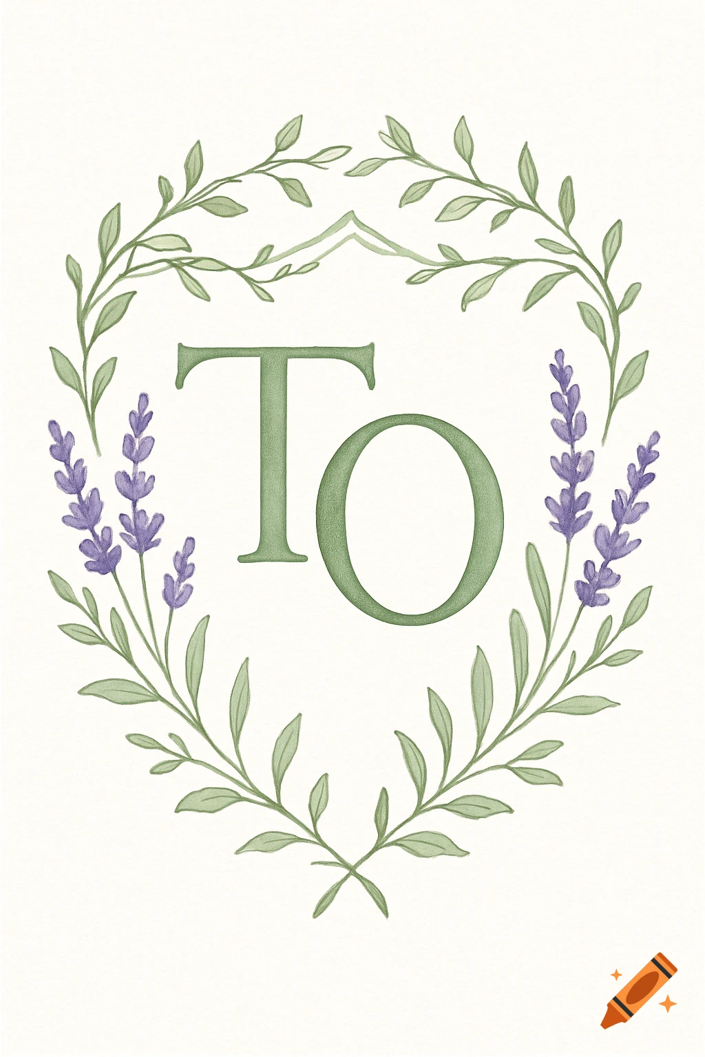 Wedding crest with green letters TO surrounded by a watercolor wreath of leaves and lavender.