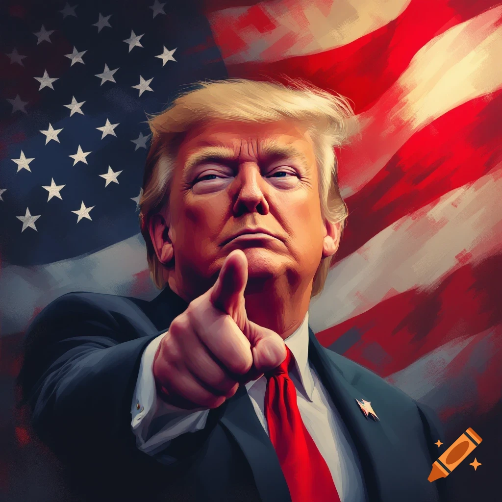 Donald Trump points at the viewer in front of an American flag, painterly style.