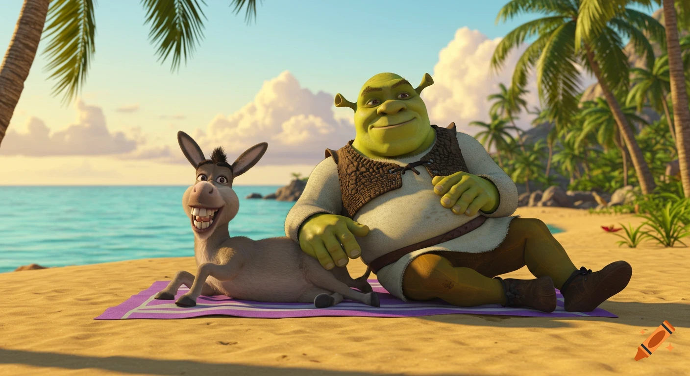 Shrek and Donkey relaxing on a tropical beach