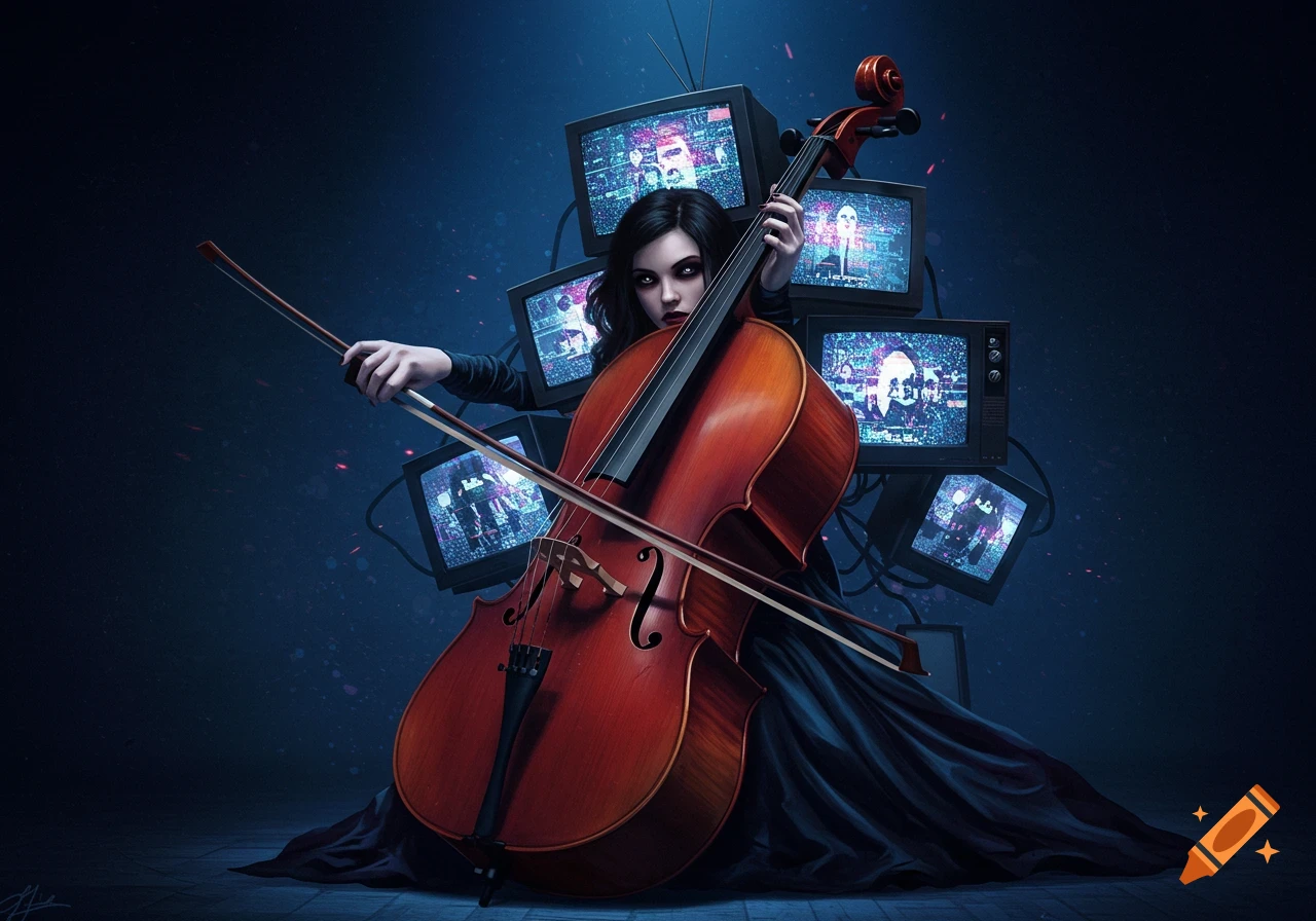 A dark, surreal image of a woman playing a cello, surrounded by old televisions displaying static and distorted faces.