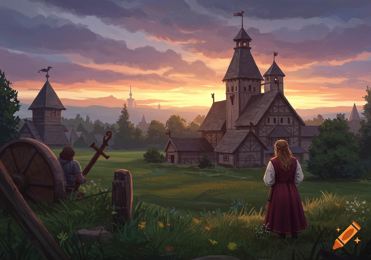 A medieval village landscape at sunset with figures looking at buildings.