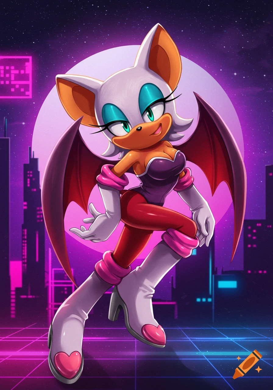 Rouge the Bat from Sonic in a synthwave city background