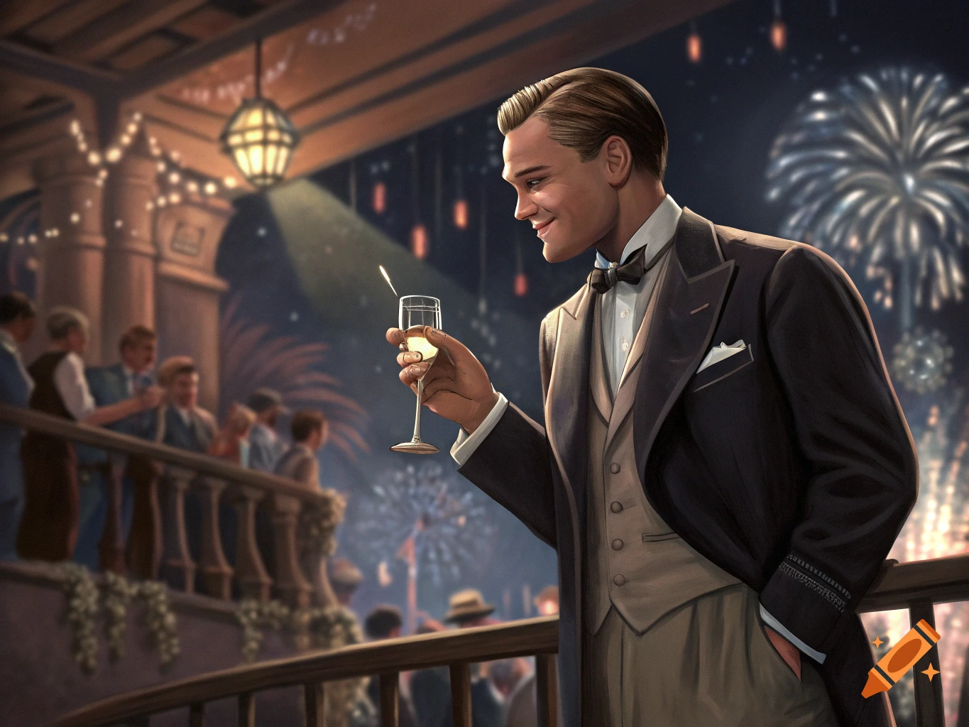 Illustration of a man in a suit at a party with fireworks, holding a champagne glass, in a Gatsby style.