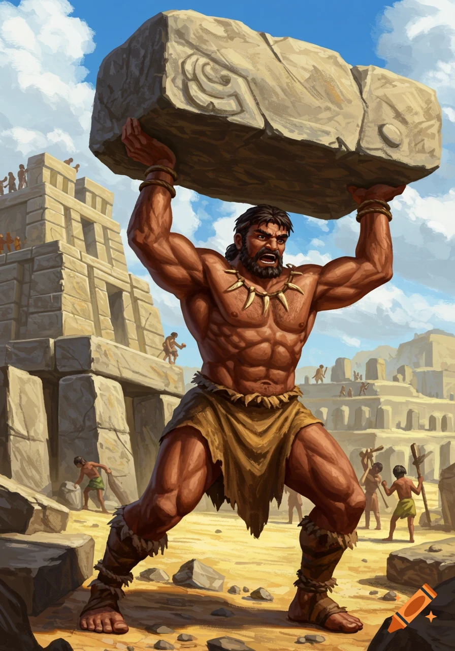 Muscular man lifts heavy rock at ancient construction site.